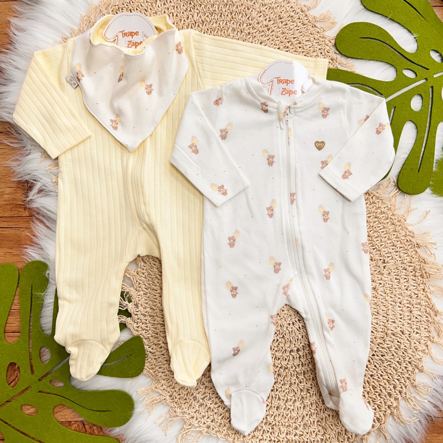 Kit 2 Macacões + Babador Bandana Ursinho e Canelado - Amarelo e Off White